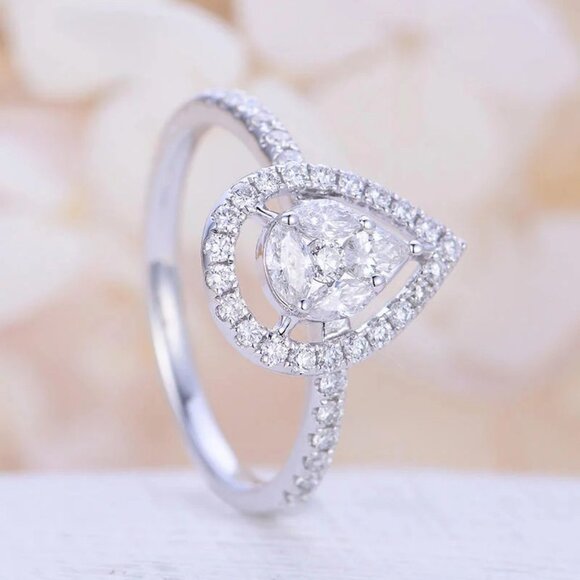 💍 Hollow Pear Gemstone Zircon Elegant Water Drop Rings for Women, EVGG1290 - Picture 1 of 6